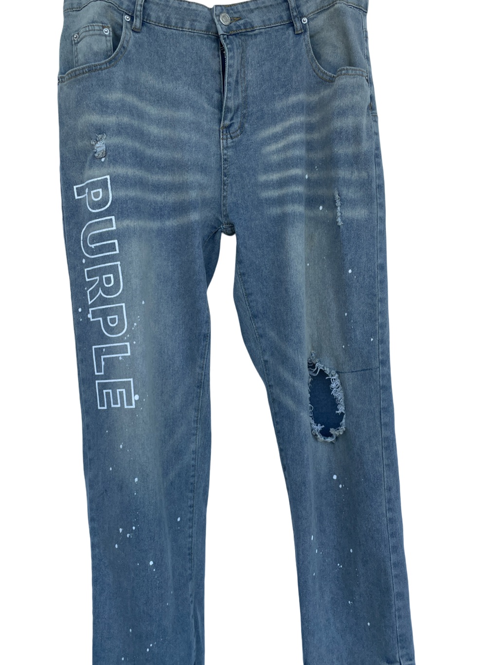 Men's Slim Blue Distressed Jeans With 'Purple' Graphic